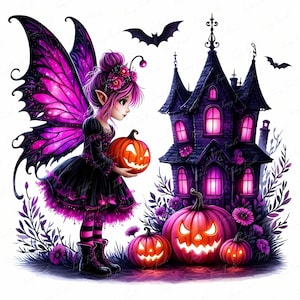 May include: A digital illustration of a fairy with purple and pink wings, holding a carved pumpkin. A spooky purple house and glowing jack-o'-lanterns are in the background. The fairy is wearing a black dress with purple accents, boots, and striped leggings. Bats fly above.
