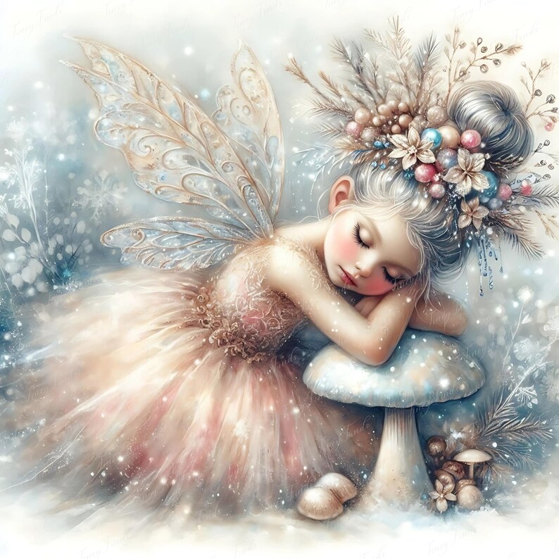 Enchanted watercolor fairy ballerina girl with pastel frost tutu, transparent wings, and snowy pine crown on mushroom. JPEG 5000x5000 px, 300 dpi clipart ideal for fairy tale wall prints, sublimation projects, snow-themed card designs, and fantasy ballerina planner art. Loved on Etsy for woodland Christmas decor, winter ballerina downloads, magical nursery clipart, and seasonal craft embellishments. Bestseller aesthetic for ballerina and fairy collection lovers.
