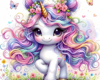 Può includere: Un'illustrazione fantasiosa di un unicorno con una criniera e una coda arcobaleno. L'unicorno ha un corno dorato ed è circondato da fiori colorati.
