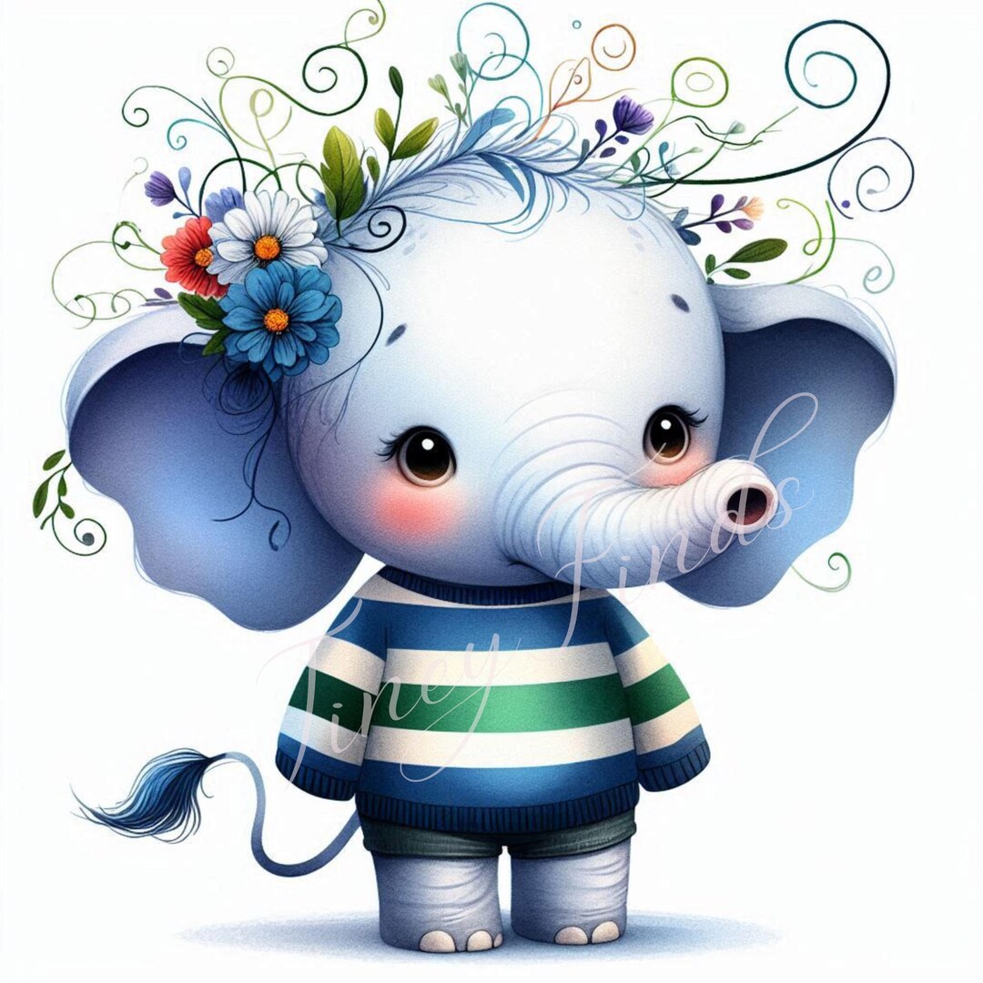 Blue Baby Elephant Clipart: Watercolor Nursery Art (digital Download ...