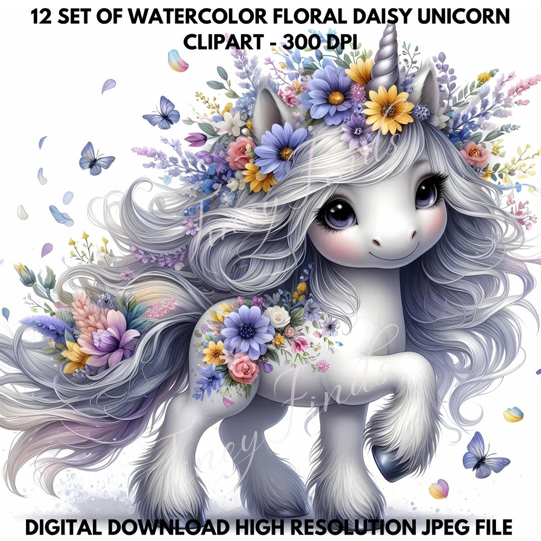 Floral Unicorn Clipart Set: Purple Daisies, Nursery Decor (JPEG