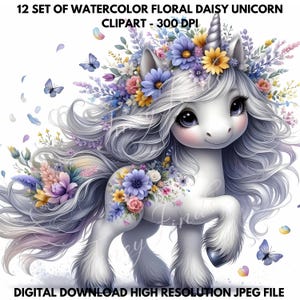 12-er Set Fantasy Einhorn mit lila Gänseblümchen Clipart - hochauflösende JPEG 300 dpi | Fantasy Einhorn Clipart | Kinderzimmer Dekor