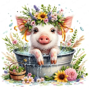 May include: A charming illustration of a piglet enjoying a bath in a metal tub, surrounded by flowers and greenery. The piglet wears a floral crown with sunflowers, lavender, and pink blossoms. A small wooden basket with flowers sits nearby.
