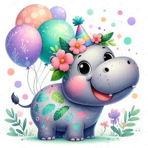 Joli lot de cliparts anniversaire hippopotame | Animal de safari avec des ballons | Art mural jungle pour chambre de bébé | Décoration de fête prénatale | 12 JPEG | Utilisation commerciale