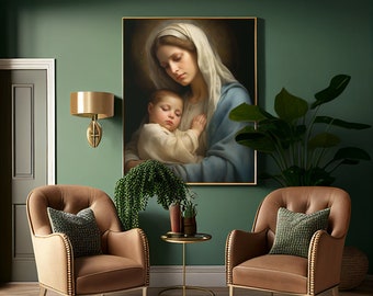 Blessed Mother Mary Wall Art, Our Lady with Baby Jesus Print, Catholic Home Decor Printable, Marian Art Poster, First Communion Gift