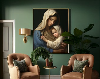 Madonna and Child Wall Art, Virgin Mary Baby Jesus Print, Catholic Painting Printable, Blessed Mother Decor, Baptism Gift Download
