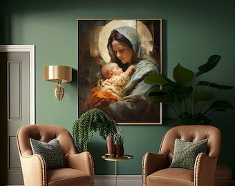 May include: A rectangular wall art print featuring a painting of a person holding a baby, framed in gold. The artwork displays a soft, painterly style with a circular halo effect behind the figures, rendered in muted blue, orange, and cream tones.