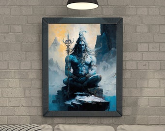 Peut inclure: Une impression d'art encadrée représentant une divinité à la peau bleue assise en position de méditation sur un sommet rocheux. La figure tient un trident, avec une lumière dorée derrière la tête et des sommets enneigés en arrière-plan.