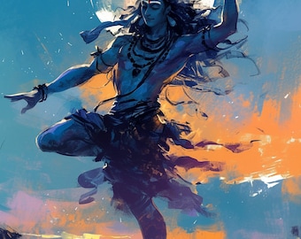 Pode incluir: Uma pintura digital de uma divindade de pele azul em uma pose de dança dinâmica contra uma lua grande e brilhante. A figura tem cabelos longos e esvoaçantes, usa colares de contas e braçadeiras contra um fundo de céu laranja e azul.