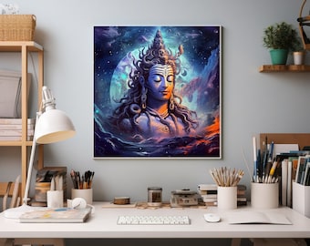 May include: A square wall art print featuring a stylized depiction of a deity with flowing hair, set against a vibrant cosmic background with a large moon, swirling nebulae, and deep blue, purple, and orange hues, framed in a thin white border.