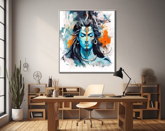 May include: A square wall art print featuring a stylized portrait of a blue-skinned deity with closed eyes, long dark hair, and a crescent moon symbol on the forehead. The artwork uses vibrant splashes of orange, teal, and white paint strokes.
