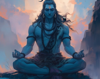 Décoration murale imprimable à l'effigie de Shiva, peinture sereine de Shiva en méditation, illustration d'art du dieu indien, décoration zen apaisante pour une chambre, cadeau à télécharger.