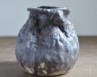 Tall Round Black/Brown Ceramic Handmade Vase. Large Primitive Textured Stoneware Pot. Wabi-sabi Vase for Interior Display.