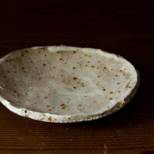 Puede incluir: Un plato de cerámica blanco roto hecho a mano, con una forma ligeramente irregular. El plato tiene una superficie texturizada con pequeñas motas marrones. El borde es irregular, lo que añade a la estética rústica.