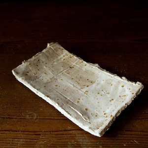 May include: A rectangular ceramic serving tray with a textured, off-white surface and irregular edges. The tray has subtle brown speckles and a rustic, handmade appearance, ideal for serving appetizers or small dishes.