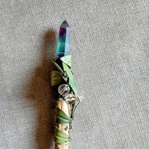handcrafted Flourite crystal Tipped witches Wand with metal Leaf design. Cottagecore. Witchcraft.