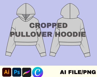May include: A technical drawing of a cropped pullover hoodie with a hood. The hoodie is gray and has long sleeves. The text "CROPPED PULLOVER HOODIE" is written in black letters on the front of the hoodie.