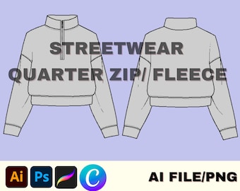 May include: A technical drawing of a gray quarter zip fleece sweatshirt with long sleeves. The text "STREETWEAR QUARTER ZIP/FLEECE" is printed on the front of the sweatshirt.