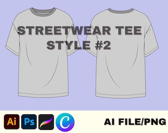 May include: A digital illustration of a gray streetwear tee shirt, front and back views, with the text "STREETWEAR TEE STYLE #2". The words "SIMPLE TECH PACKS" and "AI FILE/PNG" are also present. The design includes icons for Adobe Illustrator, Photoshop, Procreate, and Canva.