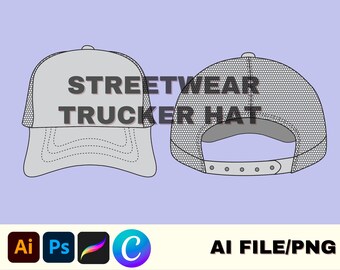 Hat Mockup, Vector Pack, Trendy TRUCKER Hat, Tech Pack, Aesthetic MOCKUP, Digital Download Minimalist Adobe Illustrator Hat Mockup Template