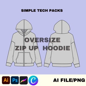 Oversize Hoodie Mockup, Clothing TECH PACK, Zip Up Hoodie Illustrator Template, Digital Download Street Wear Vector Pack Hoodie Template,