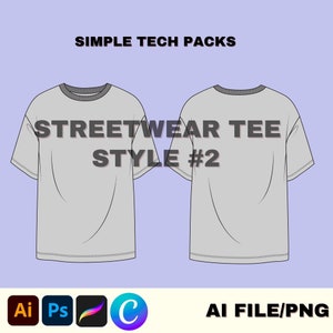 May include: A technical drawing of a grey t-shirt with short sleeves. The front and back views of the t-shirt are shown. The text "STREETWEAR TEE STYLE #2" is printed on the front of the t-shirt.
