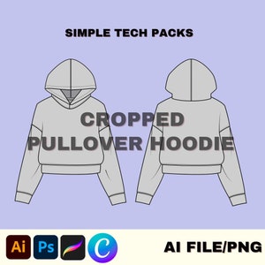 Vector Hoodie Template Mockup, Adobe Illustrator clothing design Clothing Tech pack, Cropped Hoodie Flat Pro Create Mockup, Digital Fashion
