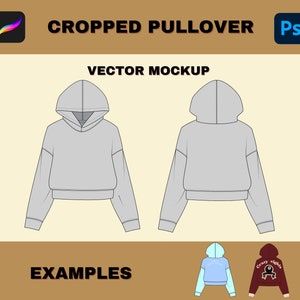 May include: A vector mockup of a cropped pullover hoodie. The hoodie is gray and has a drawstring hood. The mockup is shown from the front and back.