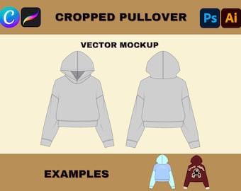 Streetwear Cropped Pull over Hoodie Mockup Sweatshirt Adobe Illustrator Vector Template, Clothing Design Pro Create Hoodie Tech Pack, PNG