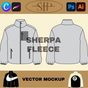 Könnte beinhalten: Ein Vektor-Mockup einer grauen Sherpa-Fleecejacke mit Reißverschluss und einer Tasche auf der linken Seite. Der Text "SHERPA FLEECE" ist in schwarzen Buchstaben auf der Vorderseite der Jacke geschrieben.