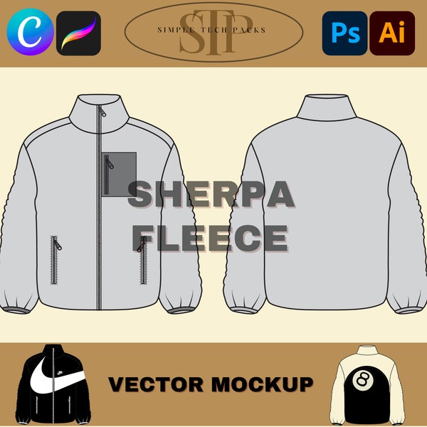 Furry Sherpa Fleece Streetwear Tech Pack Mockup, Adobe Illustrator Vector Mockup PNG, Fashion Techpack Pro Create Clothing Design Template