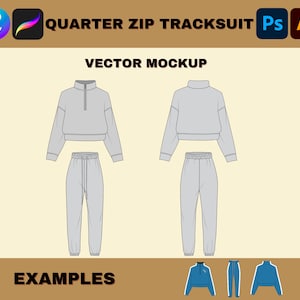 Streetwear Quarter zip Tracksuit Bundle Mockup, Vector Sweats Clothing Tech pack Adobe Illustrator Clothing design Template, Digital Fashion