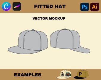 Fitted Hat Mockup Clothing Tech Pack Vector Pack, Aesthetic Cap MOCKUP, Digital Download Minimalist Adobe Illustrator Hat Mockup Template