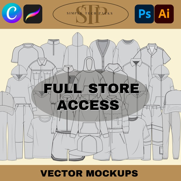 Accesso completo al negozio Streetwear Tech Pack Fashion Design Clothing Mockup, modello di bundle Vector Mockup Tech Pack, Pro Crea moda digitale,