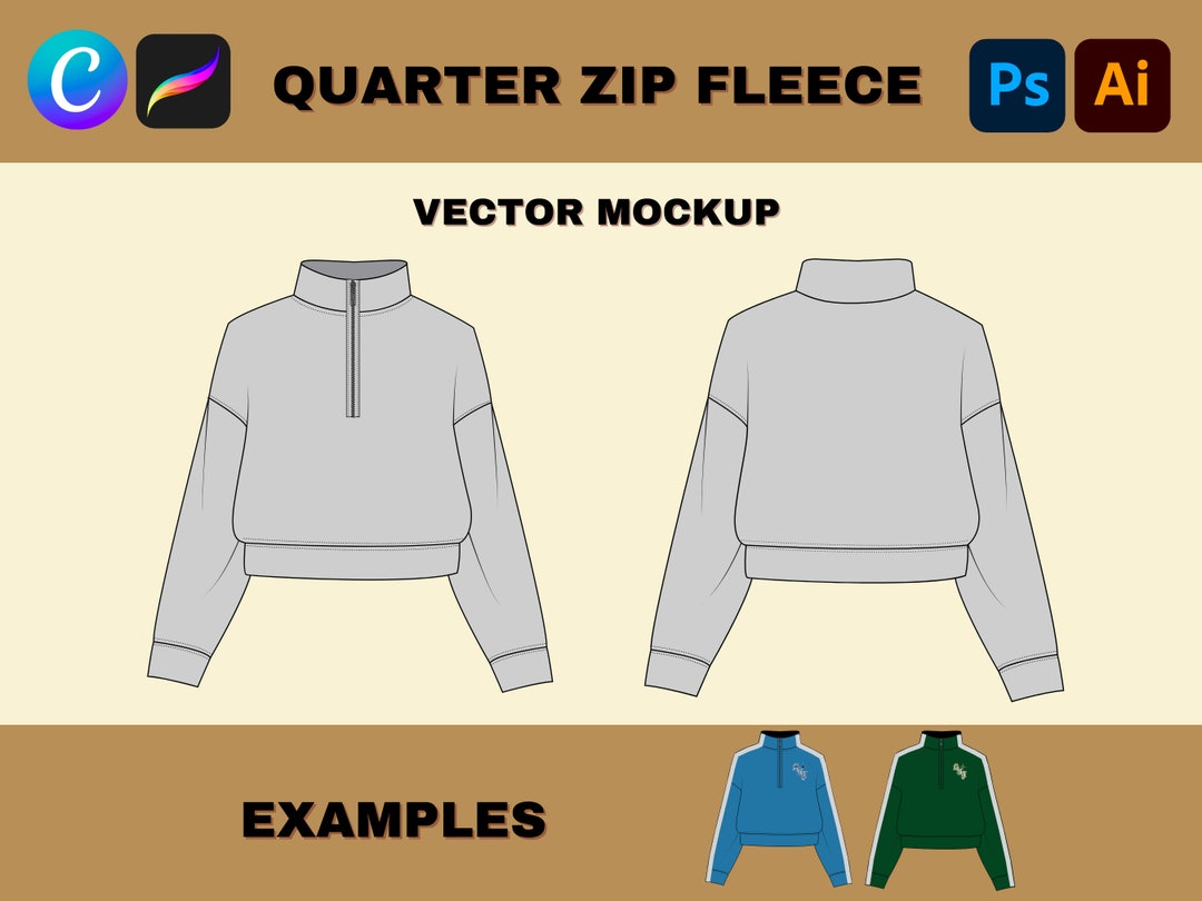 Quarter Zip Clothing Tech Pack Mockup Template, Vector Adobe