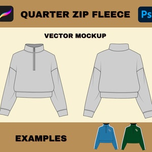 Quarter Zip Clothing Tech Pack Mockup Template, Vector Adobe Illustrator Streetwear Style Hoodie Flat, Apparel Design Templates Digital PNG