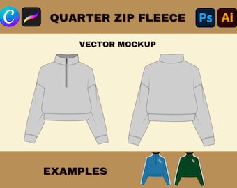 May include: A vector mockup of a quarter zip fleece sweatshirt. The sweatshirt is grey and has a mock neck and a quarter zip closure. The sweatshirt is shown in both front and back views. The image also includes examples of the sweatshirt in different colors.
