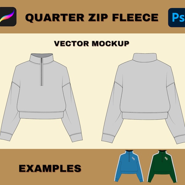 Quarter Zip Clothing Tech Pack Mockup Template, Vector Adobe Illustrator Streetwear Style Hoodie Flat, Apparel Design Templates Digital PNG