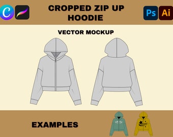 Streetwear Clothing Tech Pack Cropped Hoodie Mockup, Boxy Hoodie Adobe Illustrator Sweatshirt Vector Template, Digital Fashion Hoodie Flat