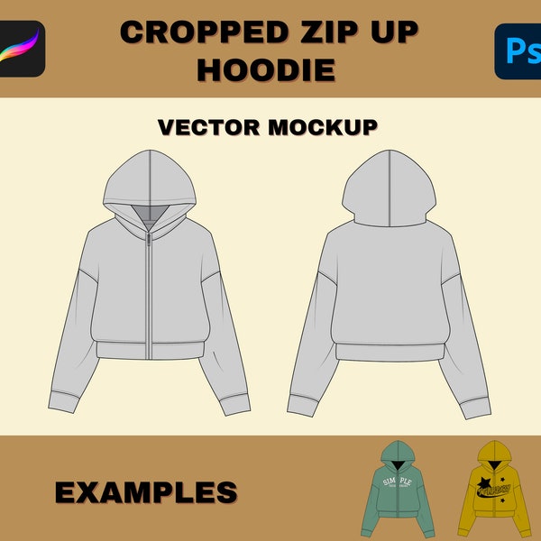 Streetwear Clothing Tech Pack Cropped Hoodie Mockup, Boxy Hoodie Adobe Illustrator Sweatshirt Vector Template, Digital Fashion Hoodie Flat