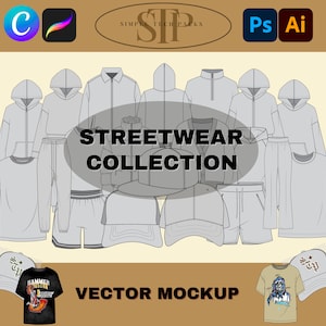 Streetwear Tech Pack Mockup Clothing Design Template, Vector Illustrator Clothing Tech Pack Bundle Template Pro Create Digital Fashion, PNG