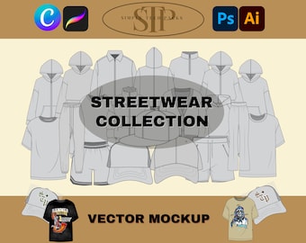 Streetwear Tech Pack Mockup Clothing Design Template, Vector Illustrator Clothing Tech Pack Bundle Template Pro Create Digital Fashion, PNG