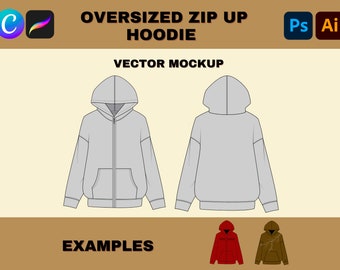 Zip Up Hoodie Mockup Illustrator Template, Apparel Tech Pack Clothing Design PNG, Digital Download Street Wear Vector Pack Hoodie Template