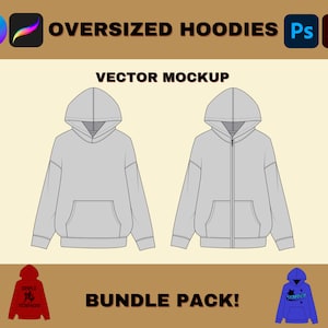 Oversized Hoodies Mockup Bundle, Zip Up Hoodie Streetwear Tech Pack Mockup, Fashion Tech Pack Clothing Design Illustrator Template, Png flat