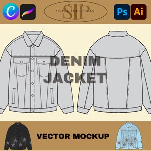 May include: A vector mockup of a denim jacket with a front and back view. The jacket is light blue and has a classic design with a button-up closure, two pockets on the chest, and long sleeves. The text "DENIM JACKET" is written in black letters on the front of the jacket. The text "VECTOR MOCKUP" is written in black letters at the bottom of the image.