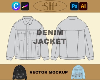 Oversized Denim Jacket Clothing Tech Pack Mockup, Vector Mockup Adobe Illustrator Fashion Design Template, Pro Create Digital Fashion, PNG