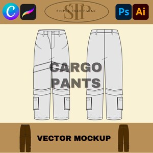 May include: A vector mockup of a pair of white cargo trousers with multiple pockets. The trousers are shown in a flat, front-facing view. The text "CARGO PANTS" is written in black letters on the trousers. The text "VECTOR MOCKUP" is written in black letters at the bottom of the image.