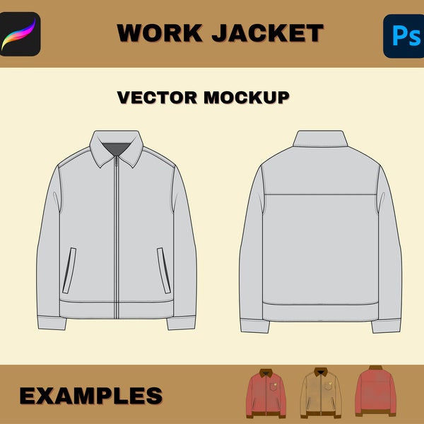 Zip up JACKET, WORK Jacket, Long Sleeve MOCKUP, Tech Pack, Work Clothes, Digital Techwear Adobe Illustrator Comfort Color Jacket Template