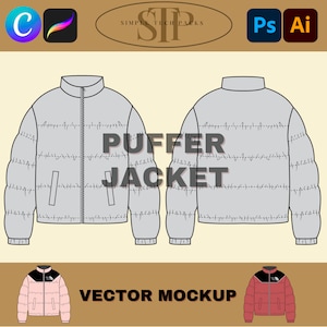 Streetwear Puffer Jacket Tech Pack Mockup, Kledingontwerp Vector Fashion Mockup PNG, Kleding Tech Pack Mockups voor kledingfabrikant