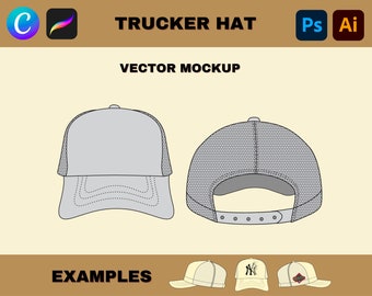 Trucker Hat Mockup Adobe Illustrator Vector Pack, TrendyHat Pro Create Tech Pack, Aesthetic Digital Download Hat Mockup Canva Template